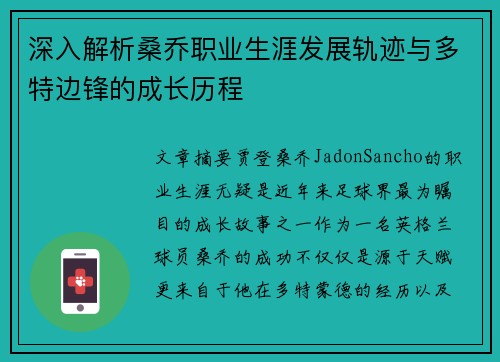 深入解析桑乔职业生涯发展轨迹与多特边锋的成长历程